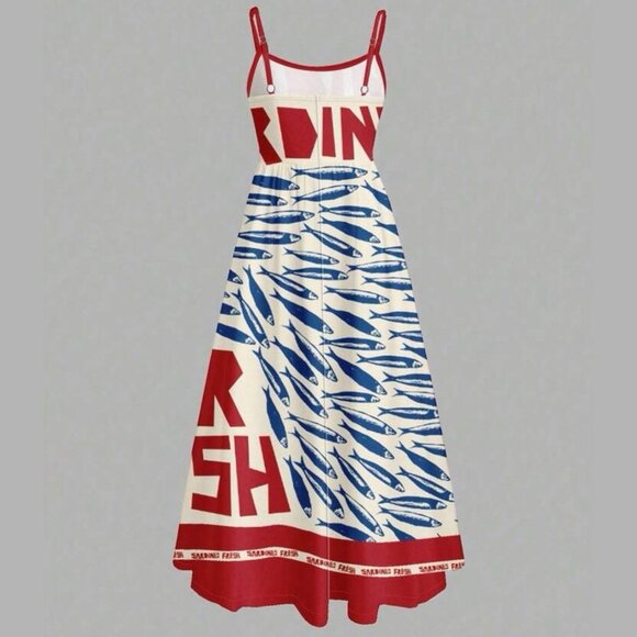 Women Fit & Flare Dress Size S Print Sardines Blue Red Square Neck Sleeveless - Picture 7 of 11